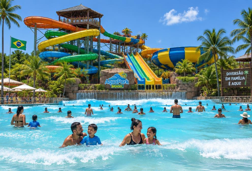 Parque aquático com toboáguas coloridos e piscina de ondas