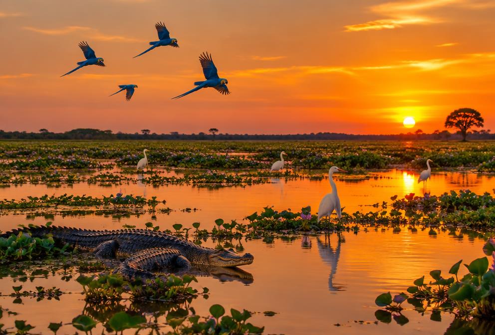 Pôr do sol no Pantanal com araras e jacarés