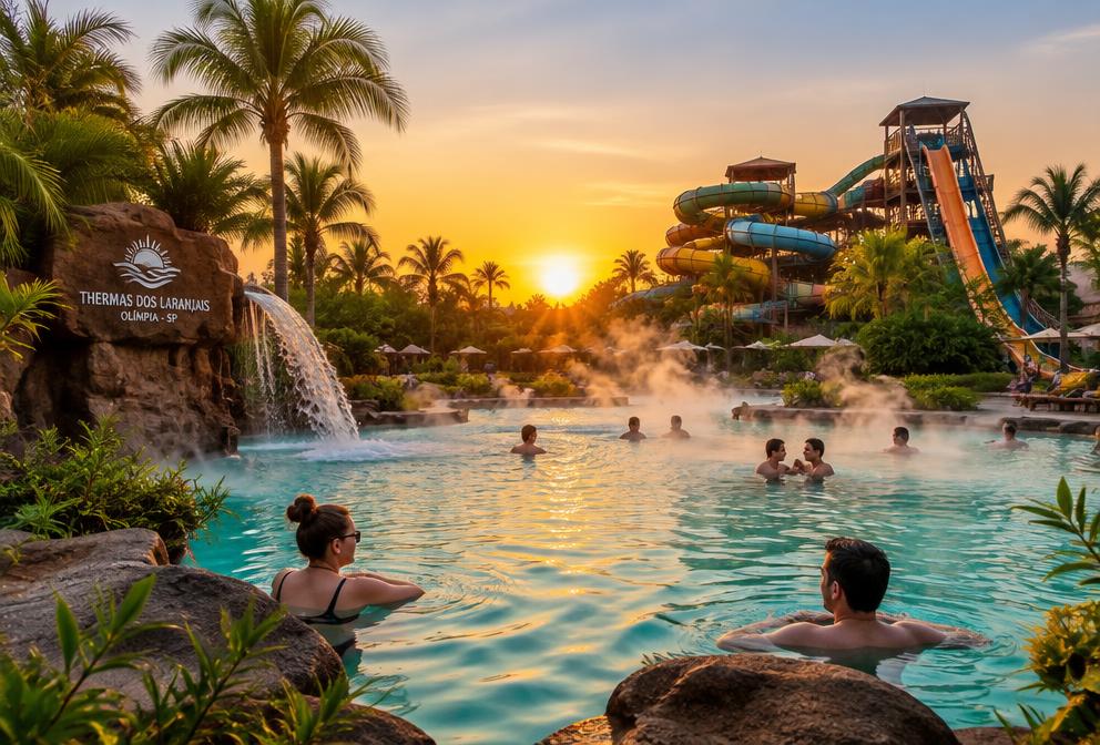 Piscinas termais ao pôr do sol no Thermas dos Laranjais